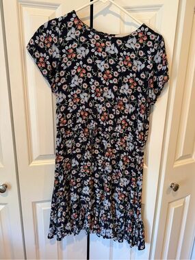 LOFT Navy Floral Drawstring Casual Dress with Pink and White Flowers